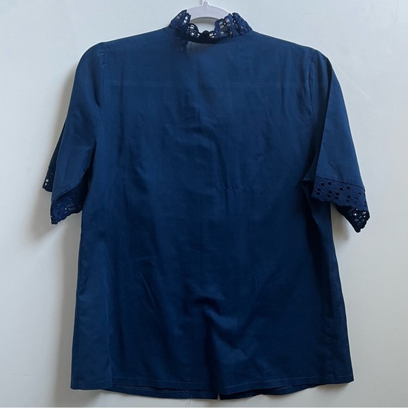 Vintage 1970's Carefree Fashions Navy Blue Eyelet Ruffle Lace Blouse Top - Picture 3 of 6